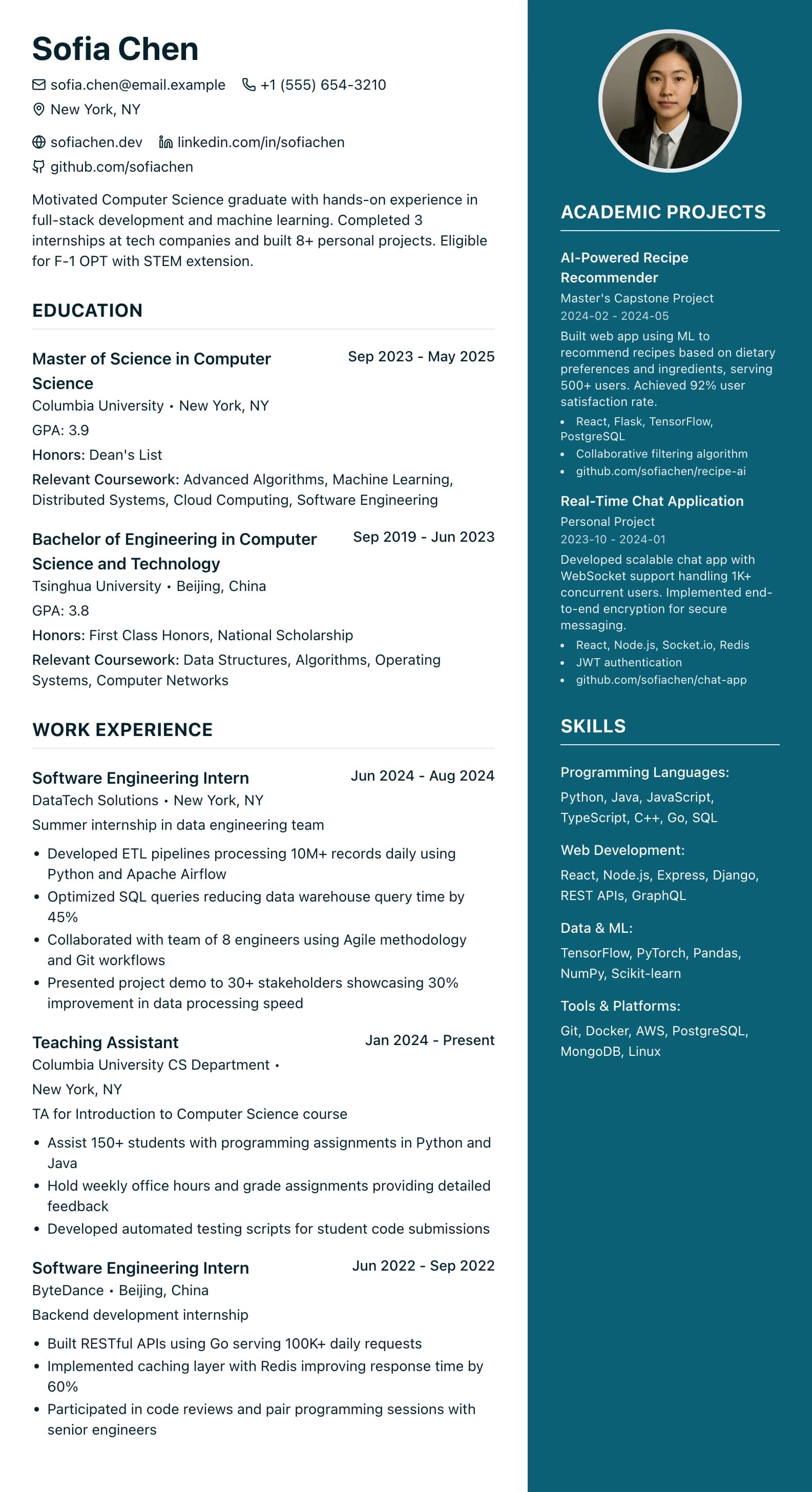 Modern professional CV example with two-column layout showing clean formatting with no watermarks