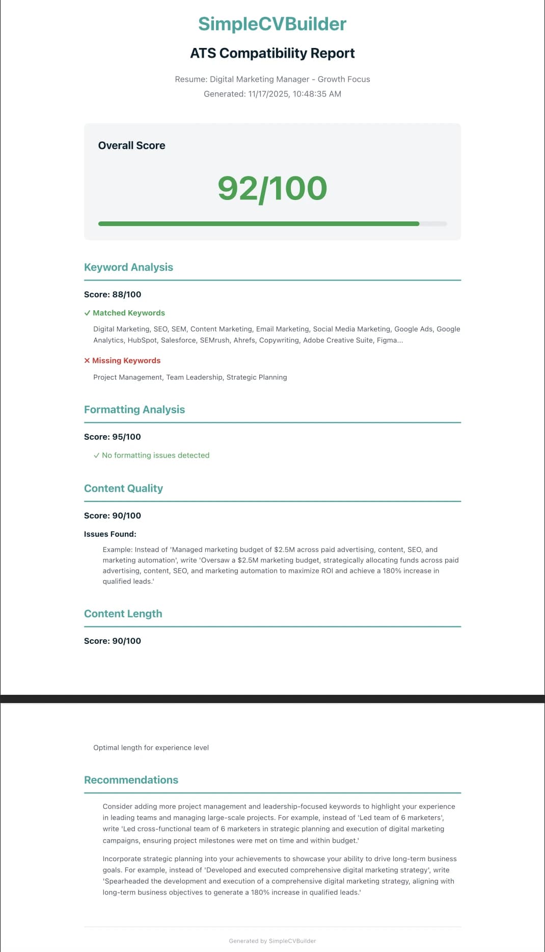 ATS Compatibility Report showing 92/100 score with keyword analysis and recommendations