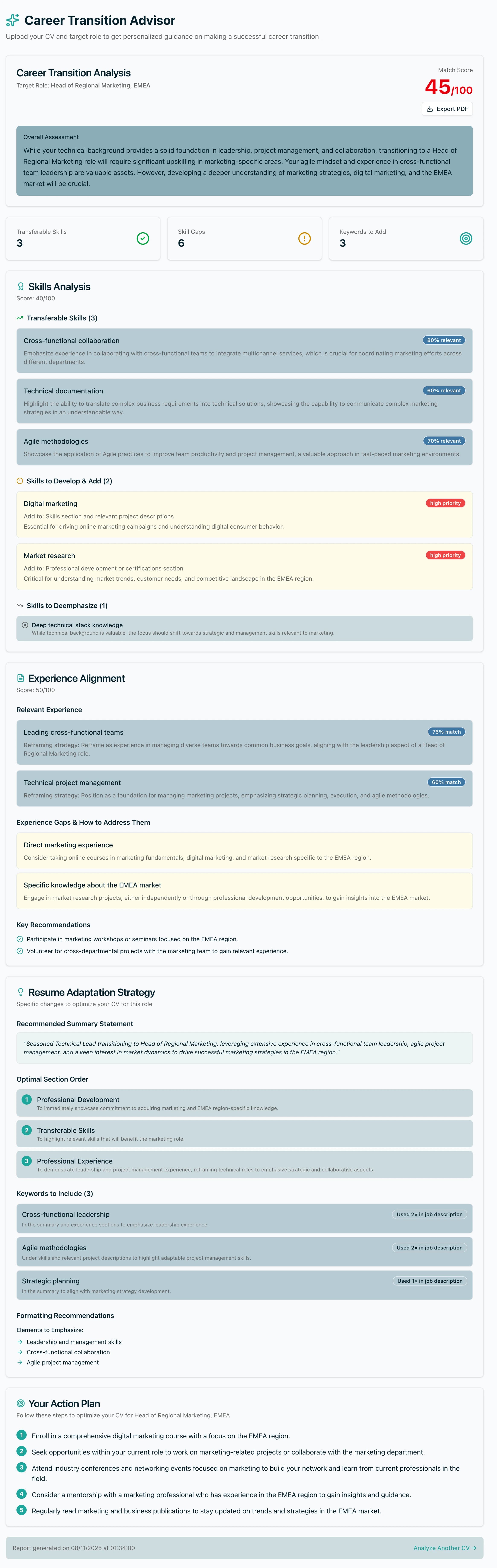 Career Transition Advisor showing match score of 45/100 with skills analysis and action plan