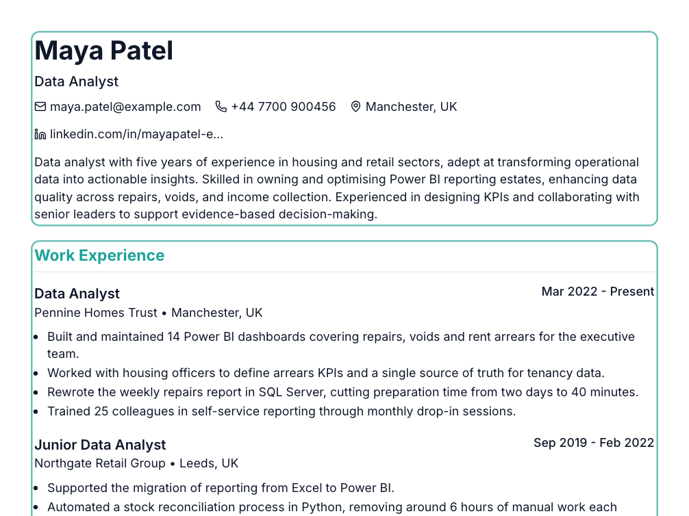 After tailoring: the same CV with the summary and experience rewritten for a senior data analyst job ad, rewritten sections outlined