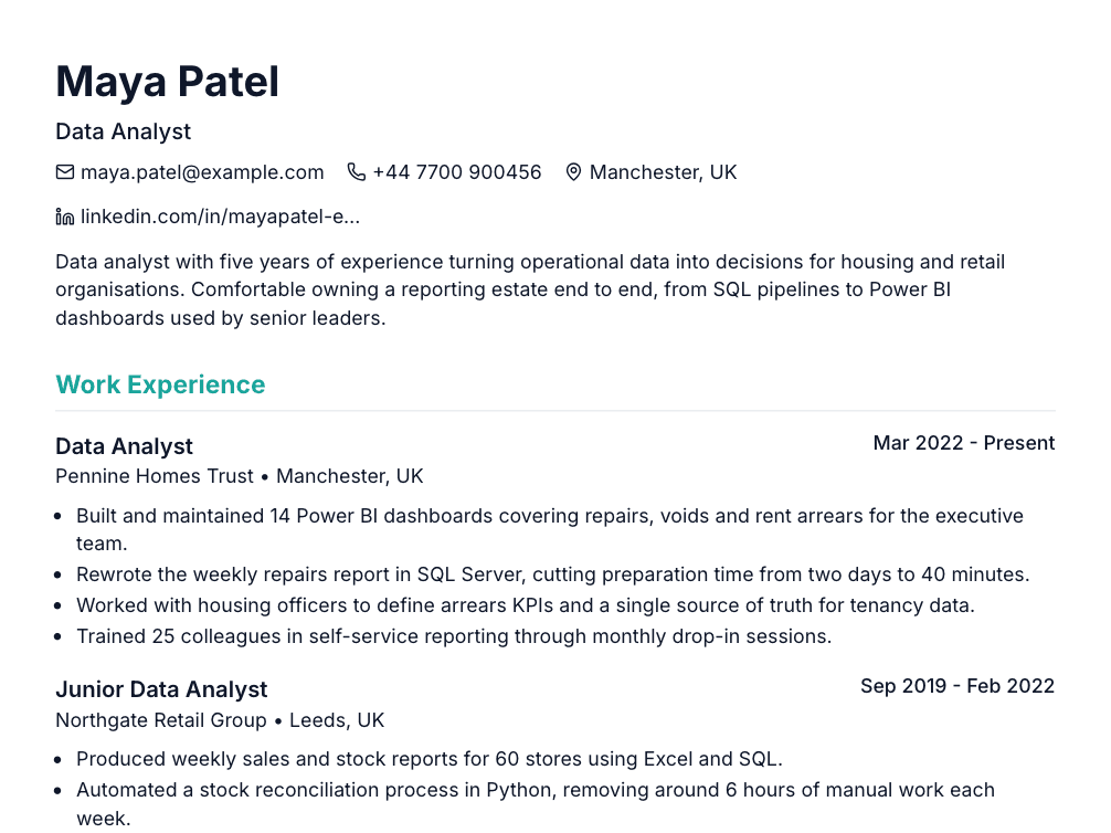 Before tailoring: the top of a sample CV for Maya Patel, a data analyst, with her original summary and work history
